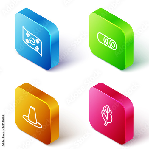 Set Isometric line South Korea flag, Sushi, Korean hat and Kimchi icon. Vector