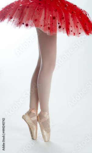 A young female ballet dancer in a red lace tutu standing on tiptoes. Isolated on white background