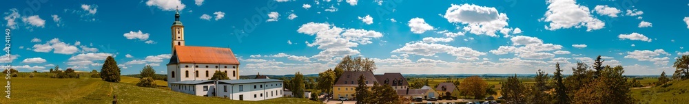 High resolution stitched panorama of a beautiful view with church Maria Bruennlein at Wemding into the famous Ries crater, Bavaria, Germany High resolution stitched panorama of a beautiful view with church Maria Bruennlein at Wemding into the famous Ries crater, Bavaria, Germany