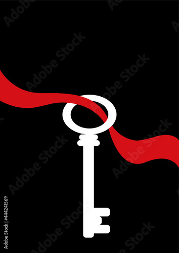 Minimalistic art with a silhouette of a white key hanging from a red ribbon on a black background. Vector template for poster, book cover A4, A3 with copy space. Mysticism, mystery