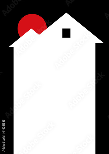 Gloomy art with a white silhouette of a house, a red moon on a black background. Background for poster, book cover of thriller, horror, detective genre. Design for a halloween party with copy space