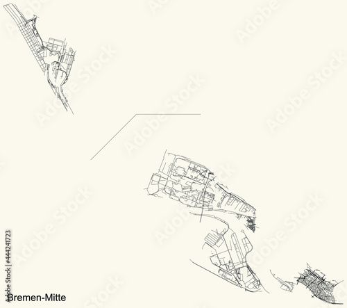 Black simple detailed street roads map on vintage beige background of the quarter Mitte (Central) district of Bremen, Germany