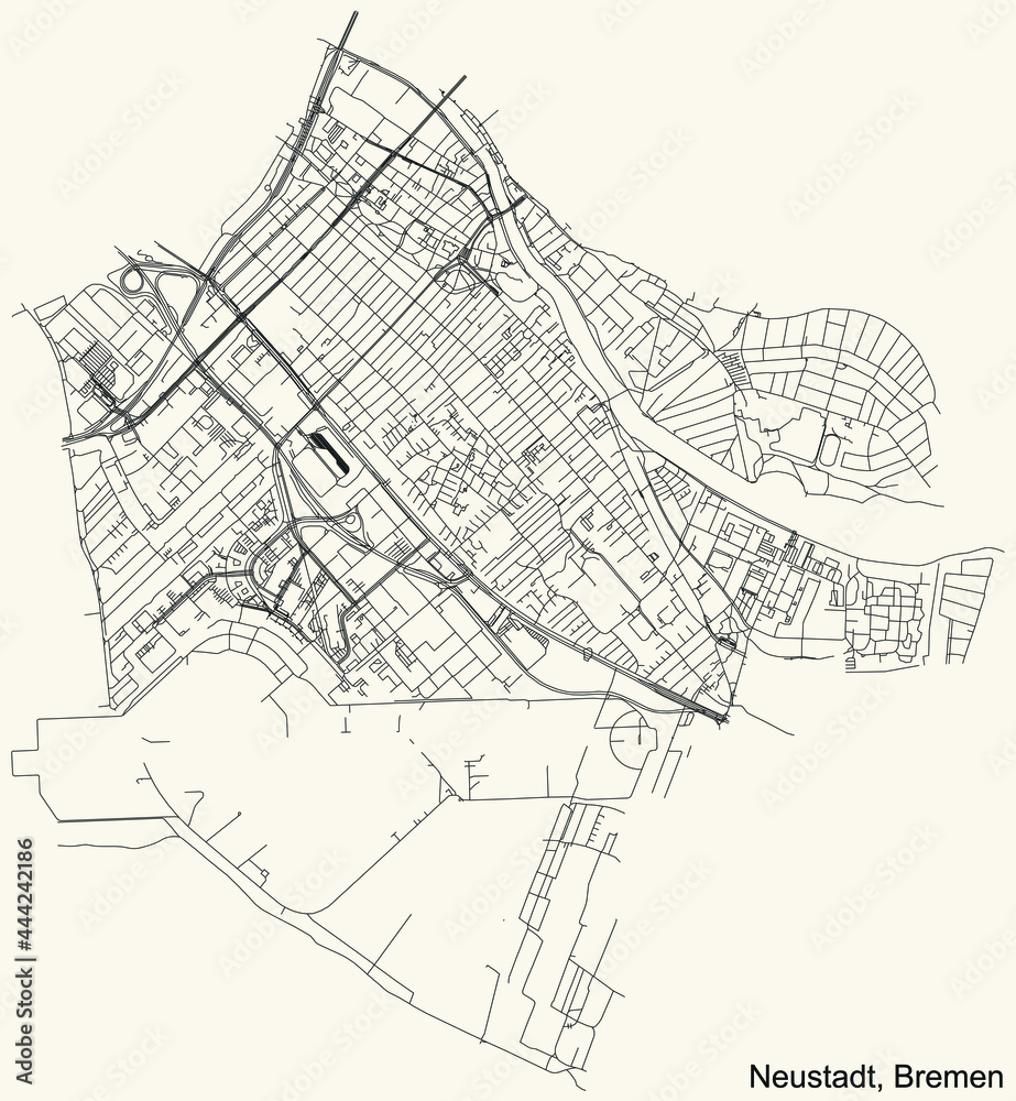 Black simple detailed street roads map on vintage beige background of the quarter Neustadt subdistrict of Bremen, Germany