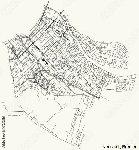 Black simple detailed street roads map on vintage beige background of the quarter Neustadt subdistrict of Bremen, Germany