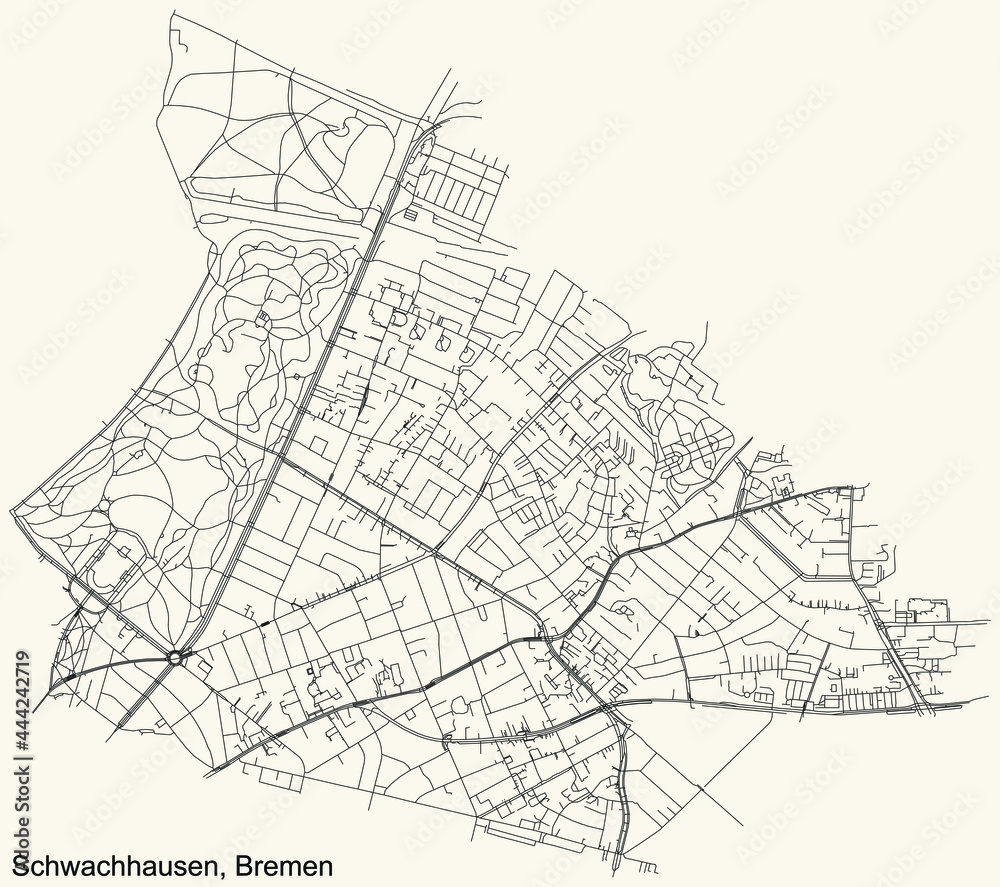 Black simple detailed street roads map on vintage beige background of the quarter Schwachhausen subdistrict of Bremen, Germany