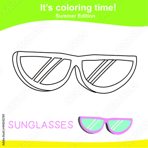 Coloring sunglasses worksheet page. Educational printable coloring worksheet. Additional worksheet for kids. Vector illustration in cartoon style. 