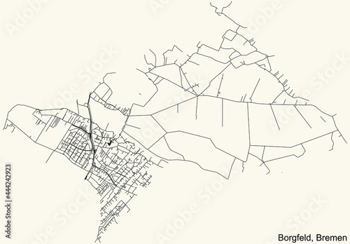Black simple detailed street roads map on vintage beige background of the quarter Borgfeld subdistrict of Bremen, Germany