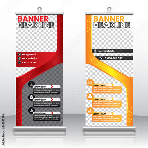 Roll up banner flyer brochure red and yellow modern vector design vertical template, abstract background, modern x-banner, signboard advertising brochure