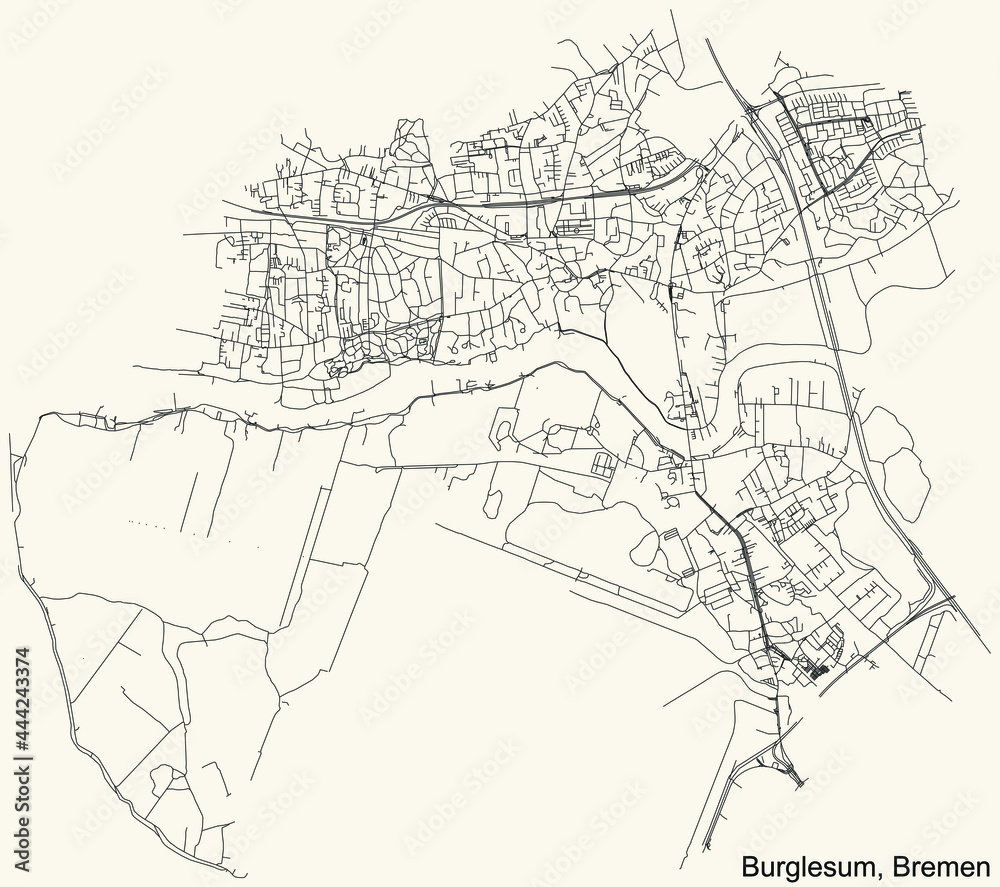 Black simple detailed street roads map on vintage beige background of the quarter Burglesum subdistrict of Bremen, Germany
