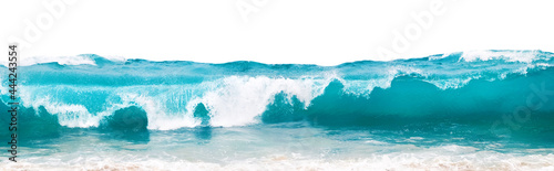 Powerful ocean blue waves with white foam isolated on a white background. Banner format.