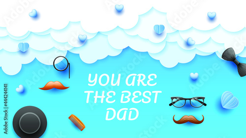 Happy Father s Day Greeting Top Hat Mustache Glasses Clouds Background. Vector Design Banner Party Invitation Web Poster Flyer Stylish Brochure  Greeting Card Template