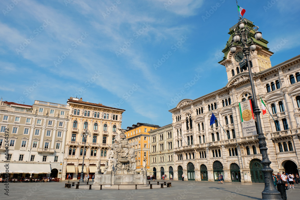 View of the Piazza Unità d'Italia. It is the main square of the city of Trieste (Nortern Italy).  It's surrounded by several old buildings, built in the XIX Century (during Austrian empire).