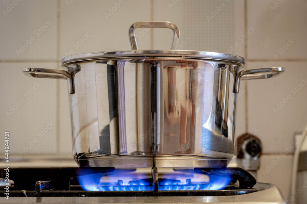 Cooking pot with flame from gas stove, Metal cooking pot standing on gas  stove with flame, Stainless steel pressure cooker on hob, Kitchenware  cooking. Stock Photo