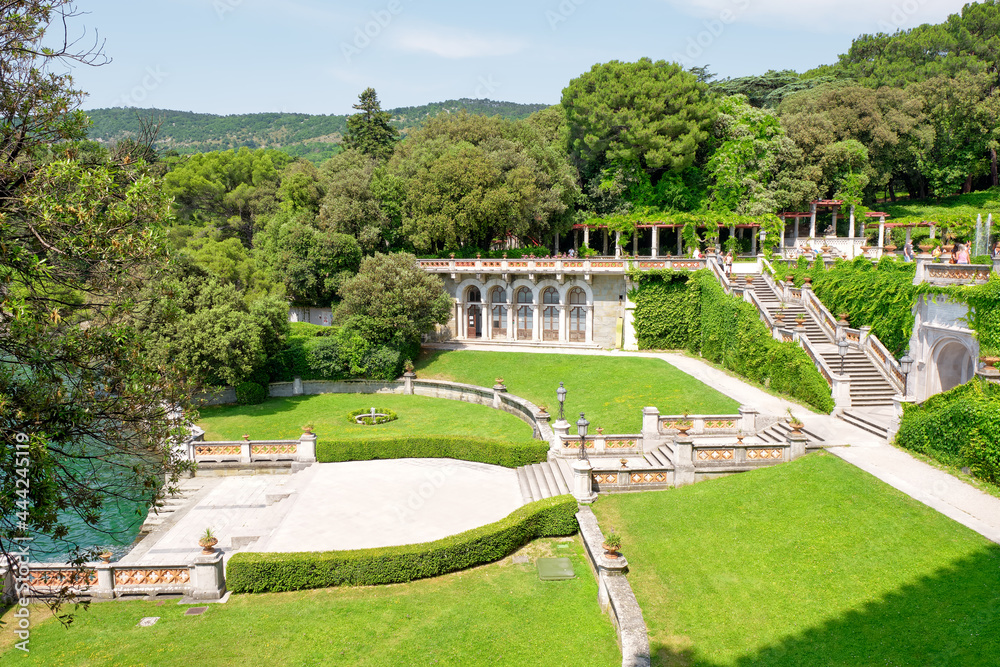 External view of the garden of Miramare Castle, in the city of Trieste (Northern Italy). It was built between 1856 and 1860 along the shores of Adriatic Sea.
