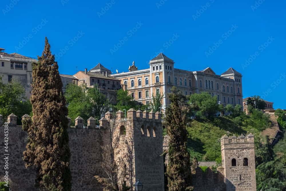 View at the Toledo medieval fortress and Toledo Provincial Deputation, neoclassical back facade building as background