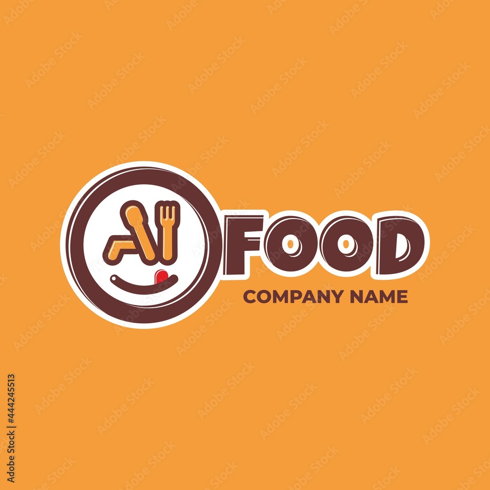 Obraz premium Logo elements: fork, spoon, tongue, lip and plate. Collocation: 'i' and 'food'. Vector.