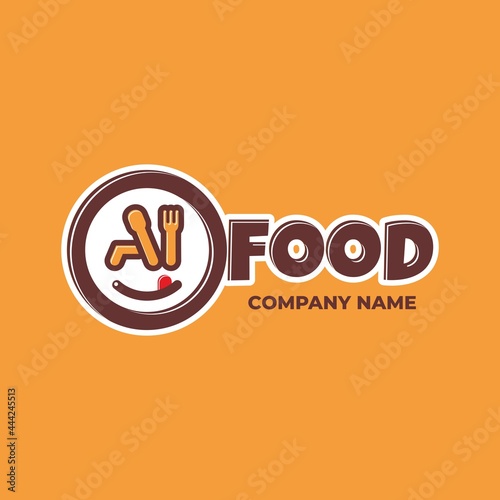 Logo elements: fork, spoon, tongue, lip and plate. Collocation: 'i' and 'food'. Vector.