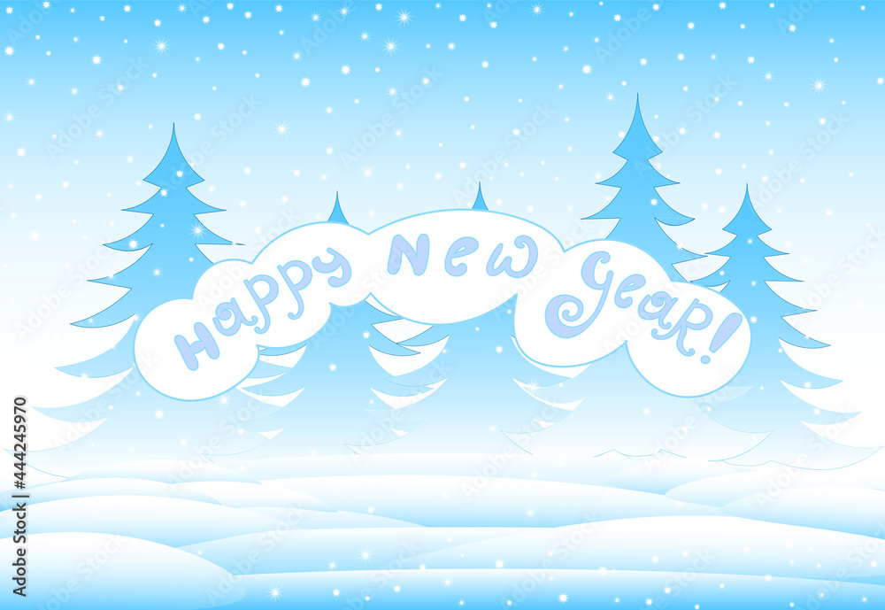 Happy New Year vector card with greetings and snowy frozen forest