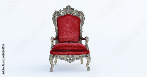 3D render of Classic baroque armchair throne in bronze and red colors isolated on white background. photo