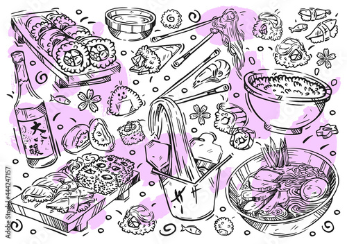 Hand drawn vector line illustration food on white board. Doodle Japanese cuisine: rolls, sushi, nigiri, noodles, udon, rice, soy sauce, onigiri, sashimi, wagashi, tofu, fish, bento, desserts, mochi