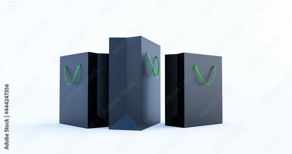 3d render of Black Paper Bag Template with green handle rope, Isolated on white background 3d render of Black Paper Bag Template with green handle rope, Isolated on white background