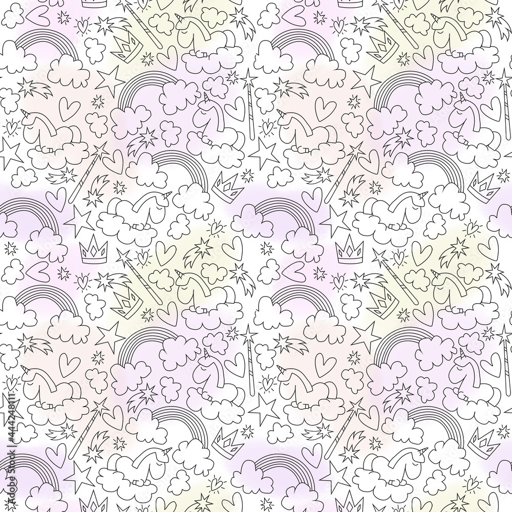 Seamless pattern with unicorn and rainbow