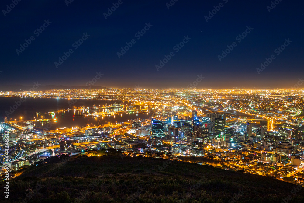 Panoramic scenic view cityscape of Cape Town, South Africa by night.