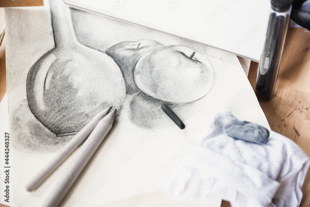 Drawing made with charcoal, drawing tools, Stock Photo Adobe Stock