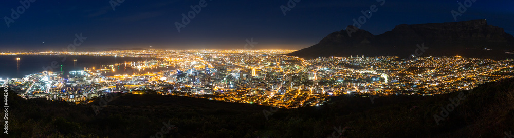 Panoramic scenic view cityscape of Cape Town, South Africa by night.