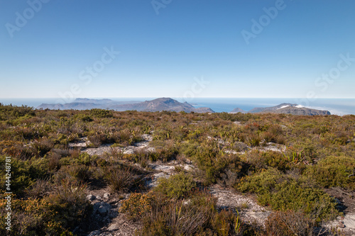 Panoramic view from summit top of Table Mountain to Cape of Good Hope peninsula  Cape Town  South Africa.