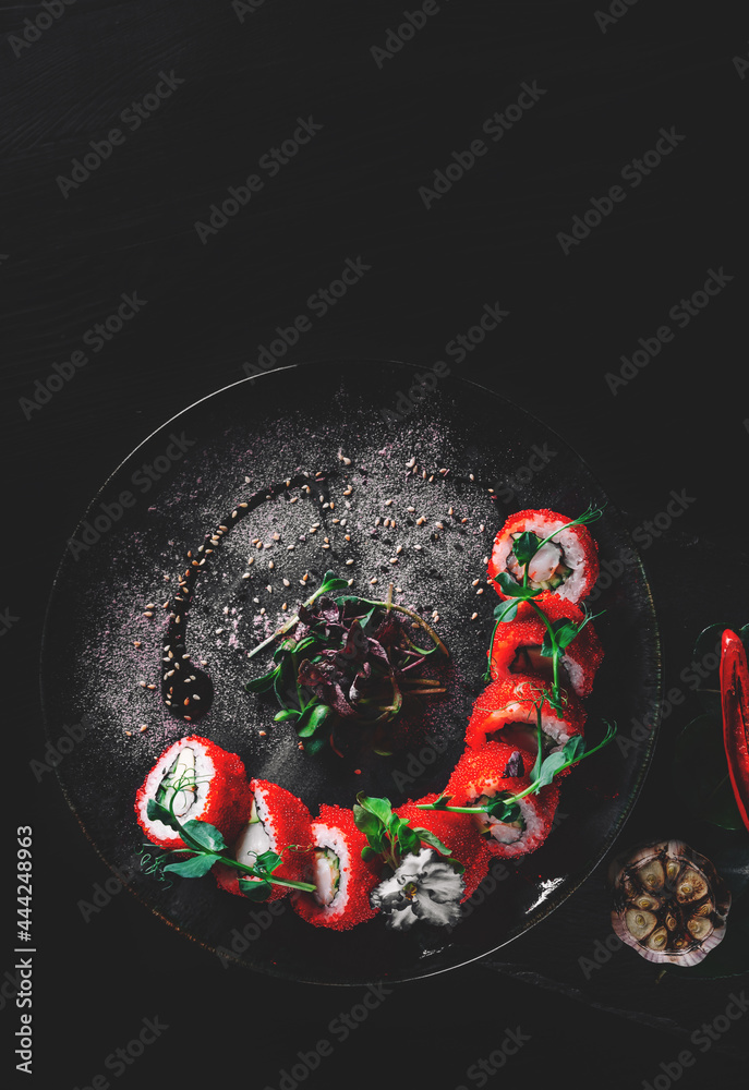 sushi roll in plate on wooden table background