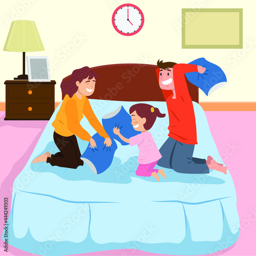 Happy family at home concept: Happy Father, Mother, son and daughter having a pillow fight in bedroom vector illustration