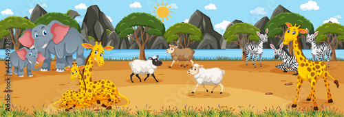 Forest panorama at daytime scene with various wild animals