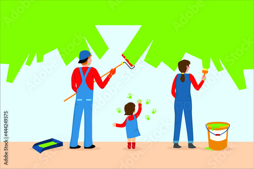 Family house renovation concept: Happy Father, Mother, son and daughter painting walls together vector illustration