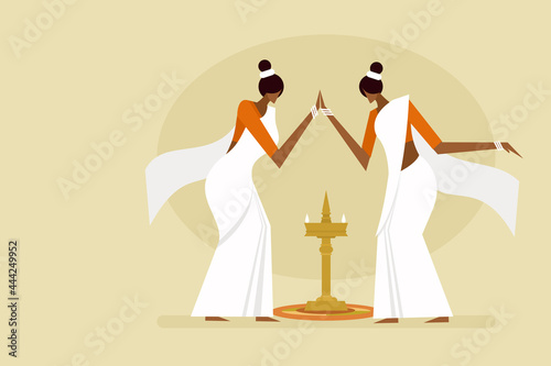 Women perform 'Thiruvathira' dance. Concept for Onam festival in Kerala, India