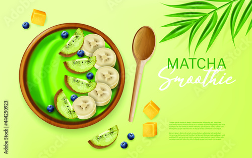 Matcha smoothie bowl vector realistic mock up. Banana and fruits on top. Gree...