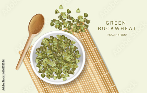 Green buckwheat vector realistic. Product placement mock up. Fresh healthy foods