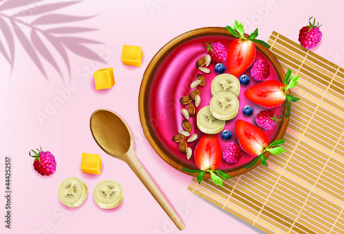 Acai and kiwi smoothie bowl vector realistic mock up. Banana and fruits on to...