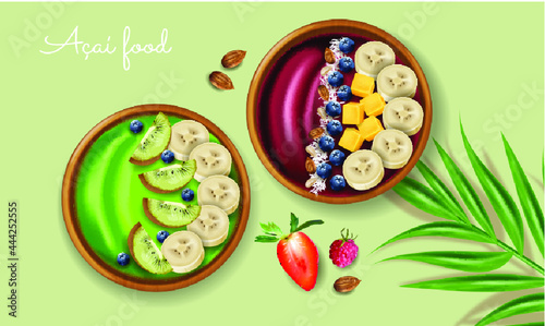 Acai and kiwi smoothie bowl vector realistic mock up. Banana and fruits on to...