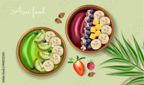 Acai and kiwi smoothie bowl vector realistic mock up. Banana and fruits on to...