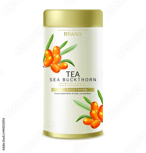 Buckthorn tea package vector realistic. Product placement label design. Healt...