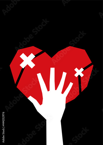 Minimalistic art with a white silhouette of a hand holding a red broken heart sealed with a plaster on a black background. Template for poster, book cover A4, A3 with copy space. Breakup, relationship