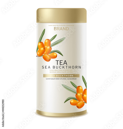 Buckthorn tea package vector realistic. Product placement label design. Healt...