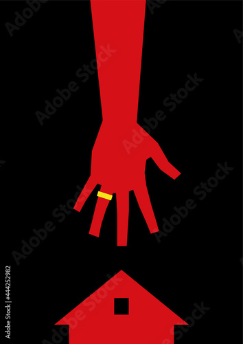 Minimalistic art with red silhouettes of a hand with a wedding ring and houses on a black background. Template for poster, book cover A4, A3 with copy space. Husband, wife, family, relationships