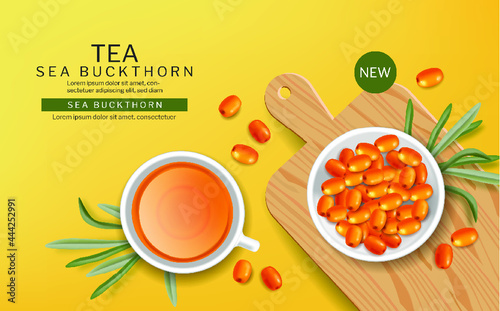 Sea Buckthorn tea in a cup vector realistic. Product placement label design. Healthy delicious hot
