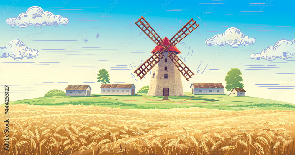 Rural landscape with mill and with rural buildings and with ears of wheat in the foreground.
