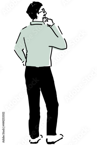 後ろ姿のメガネの男性が考える半身イラストHalf-length illustration of a man with glasses in the back view.