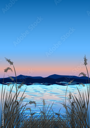 Beautiful landscape with sunset over the sea, mountains and reeds. Vector illustration of a colorful landscape in a minimal style.