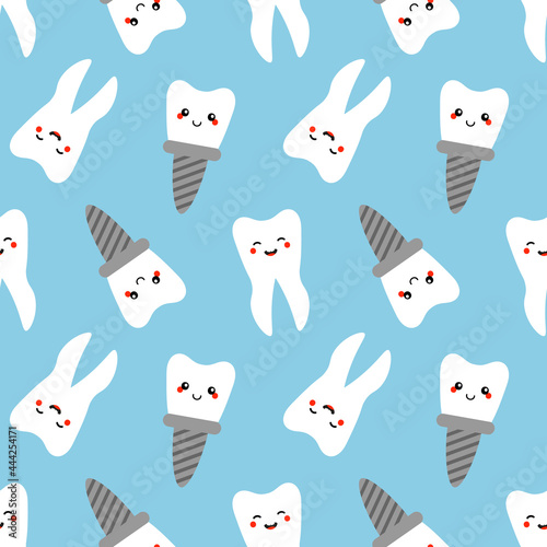 Cute cartoon style healthy white tooth and tooth implant characters vector seamless pattern background for dental service design.
