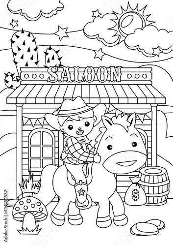 Coloring Page of cartoon cowboy with his horse. Coloring book for kids